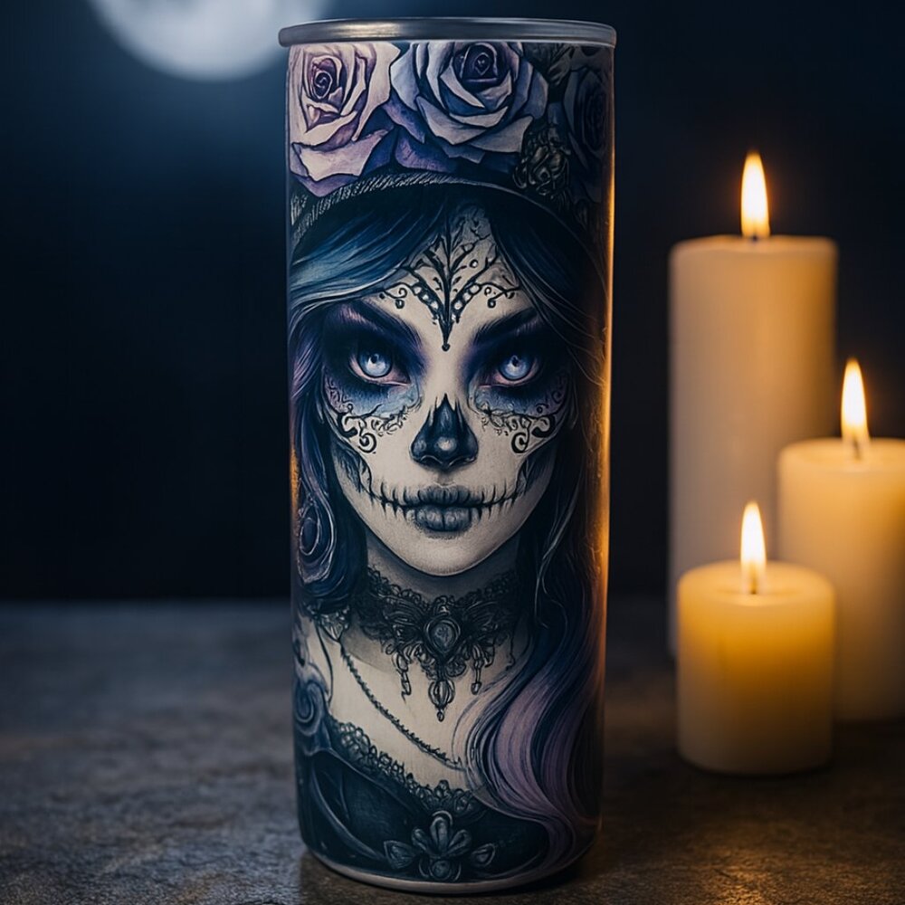 Gothic Skull Beauty & Ravens Tumbler – 20oz Stainless Steel Skinny Cup